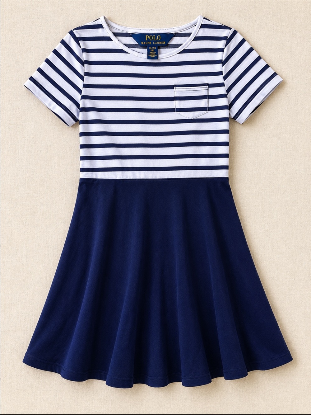 Polo Ralph Lauren Girls Navy Stripe Fit & Flare Dress XL 16 NO BELT